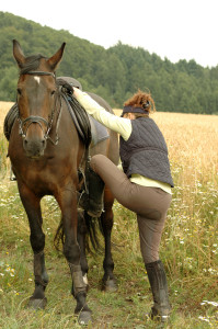 A woman climbing onto a horse. 